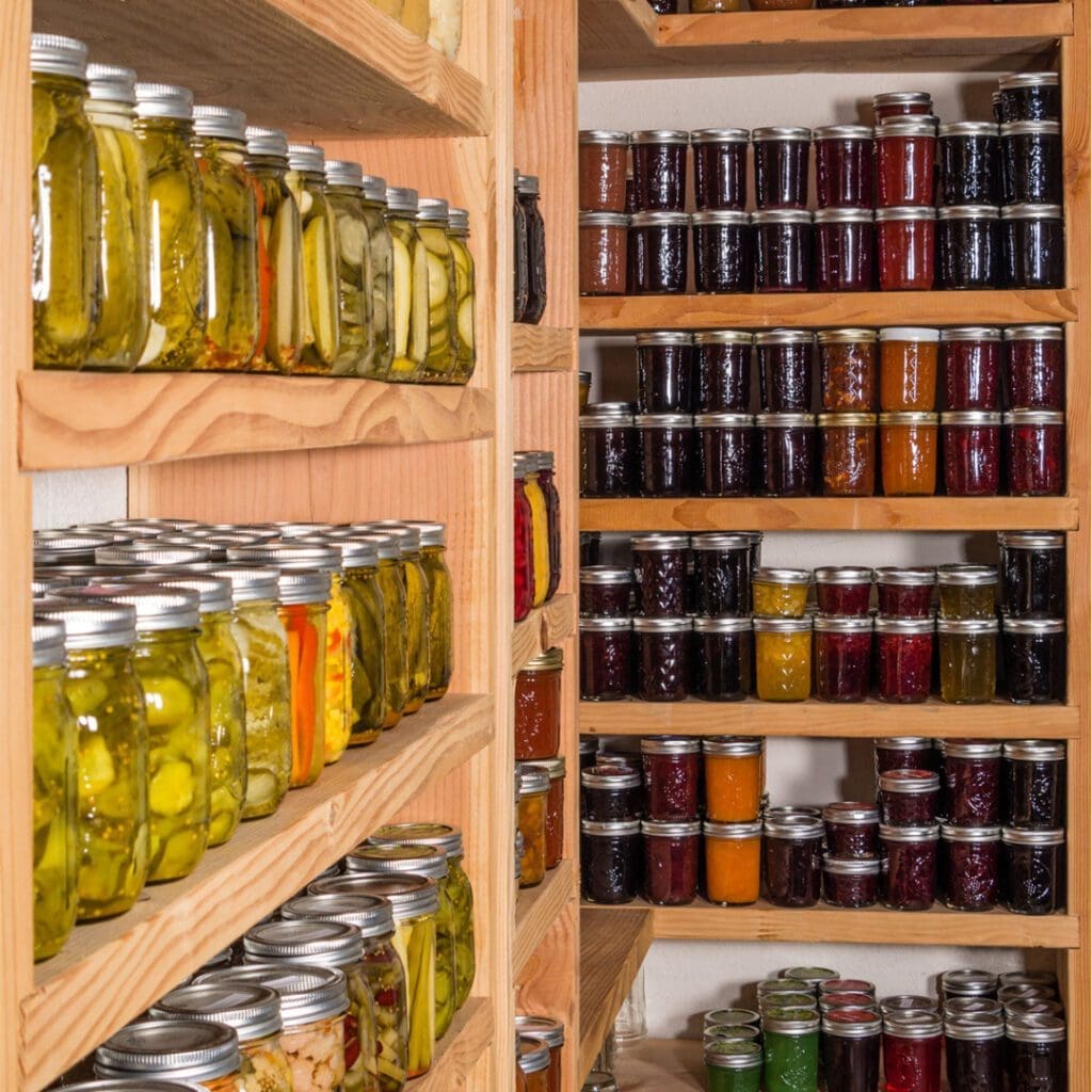 Canning jars with canning lids are stored on shelves in a basement. 