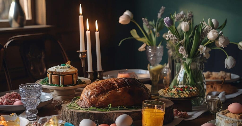 Including a centerpiece with your Easter feast brings the meal together. Pictured in this photo is a jar of fresh spring tulips and greens surrounded by an Easter meal on the table. 